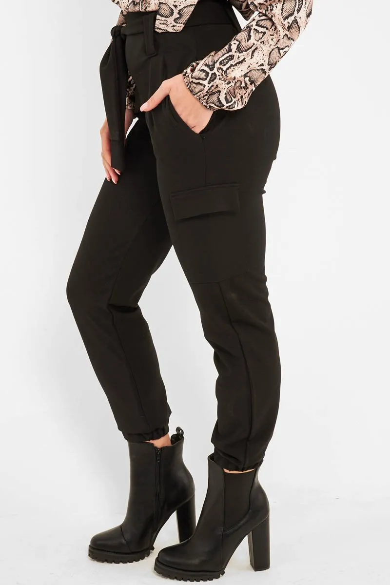 Black Belted Pocket Detail Cargo Trousers - Adalina