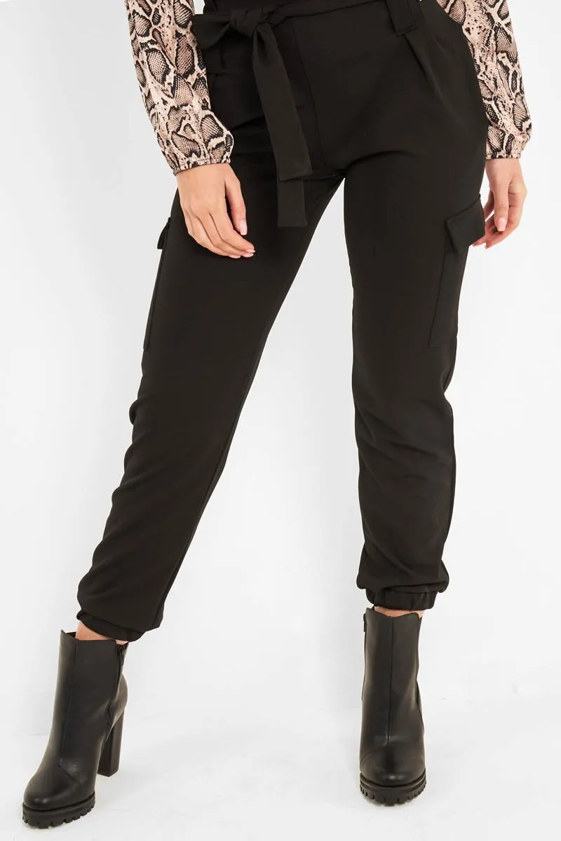 Black Belted Pocket Detail Cargo Trousers - Adalina