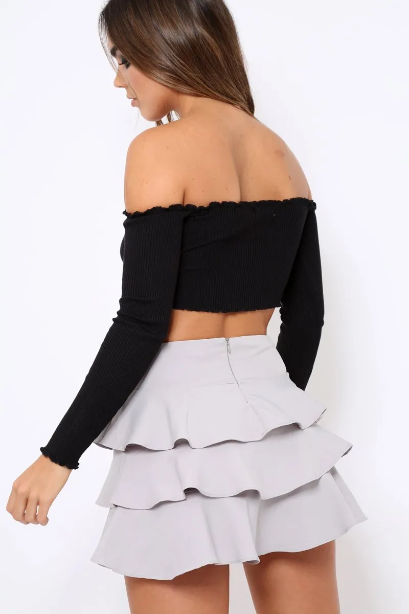 Black Gathered Middle Bardot Crop Top - Sally