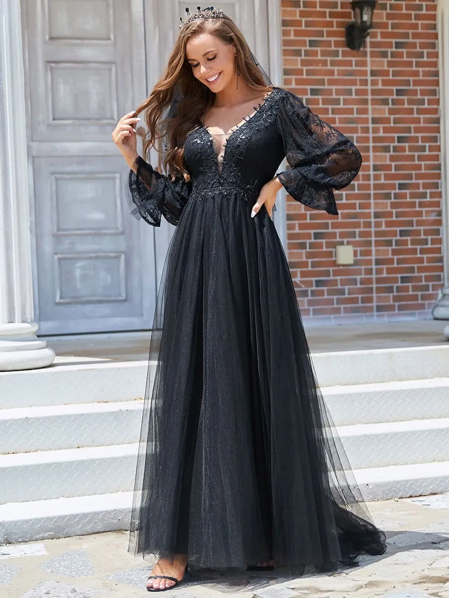 Boho Chic Lantern Sleeve Sheer Black Tulle Wedding Dress