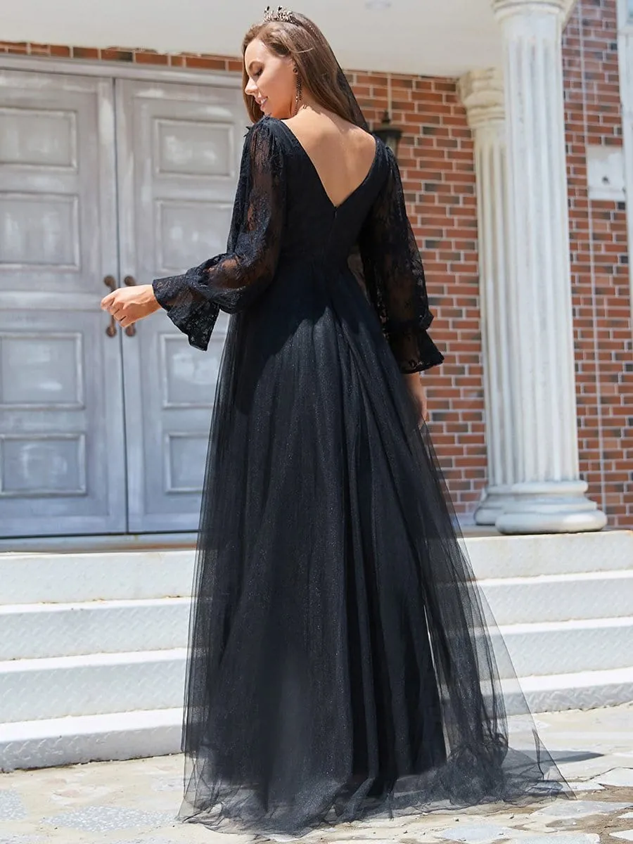 Boho Chic Lantern Sleeve Sheer Black Tulle Wedding Dress