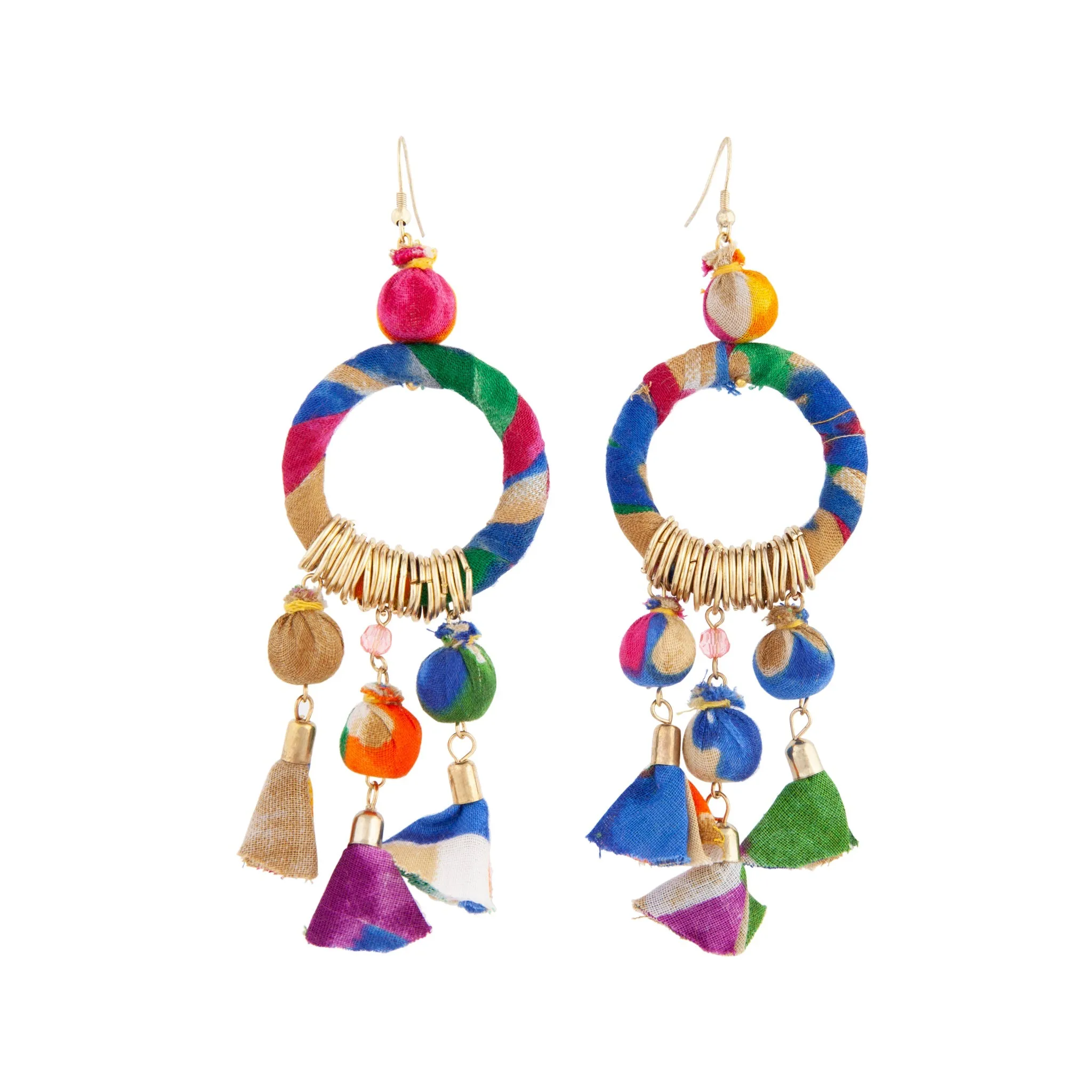 Gathered Multi-Coloured Fabric Ball Earrings