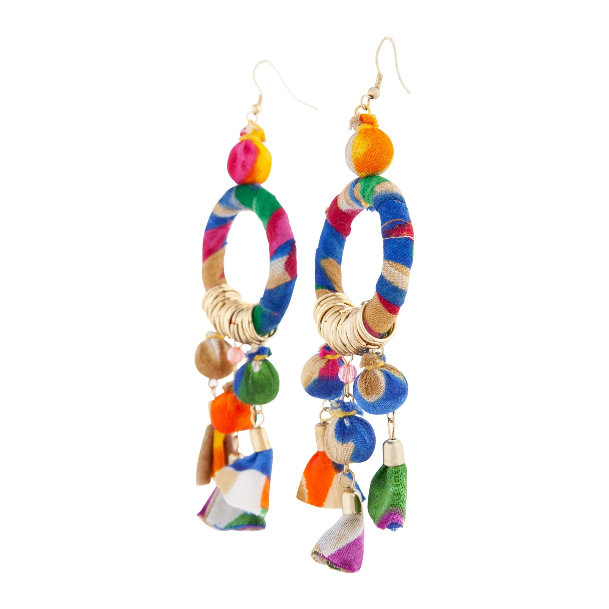 Gathered Multi-Coloured Fabric Ball Earrings