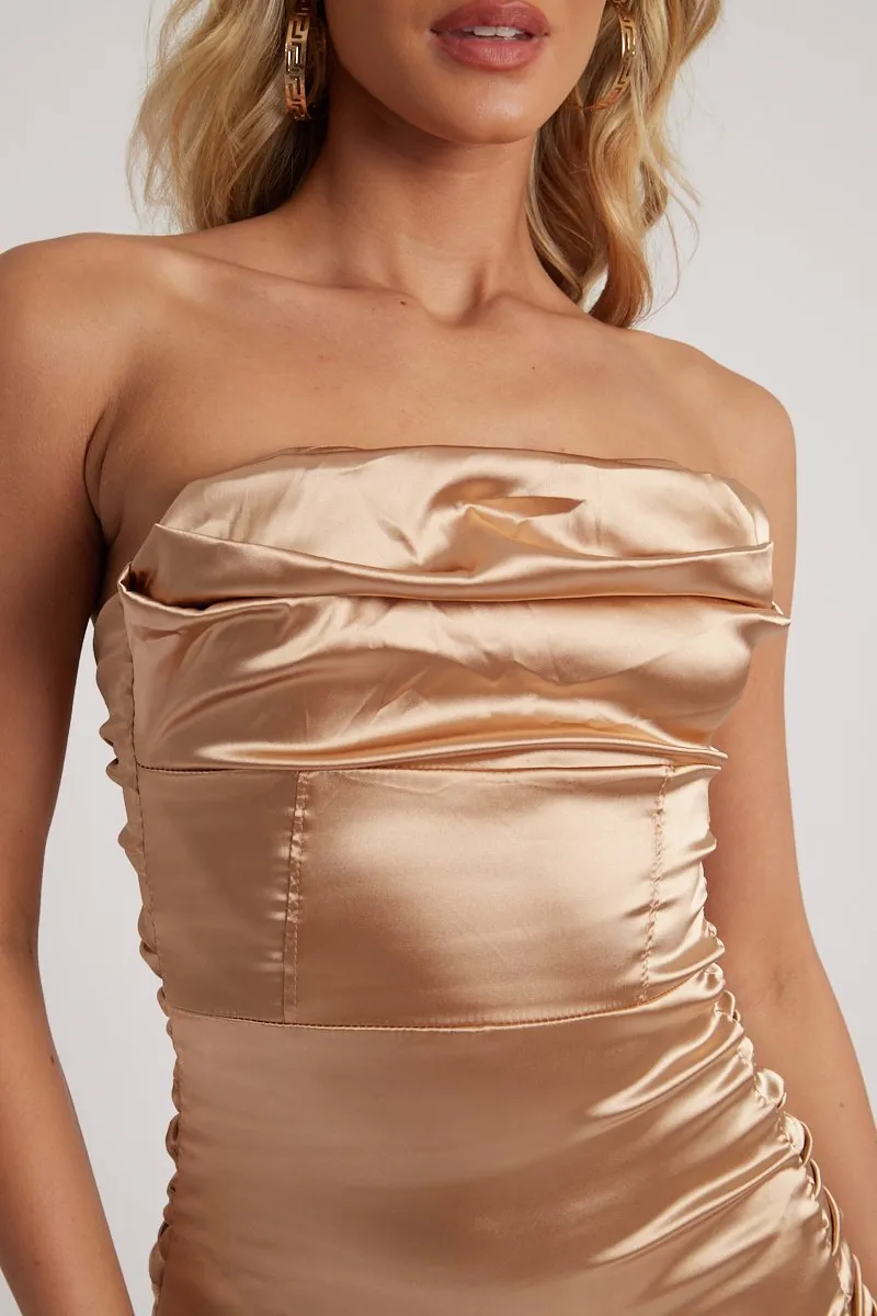 Gold Satin Ruched Mini Dress - Thia