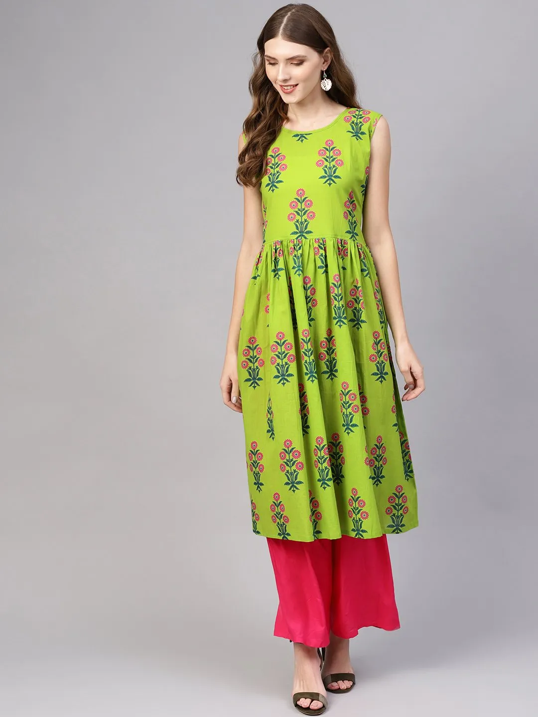 Green Printed Without Sleeves Gathered Kurta With Round Neck