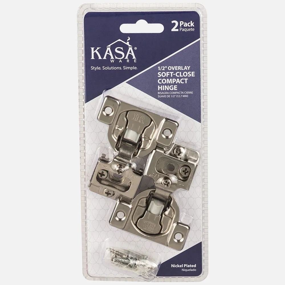 KasaWare 1/2" Overlay Soft Close Hinge 2-Pack Nickel Plated