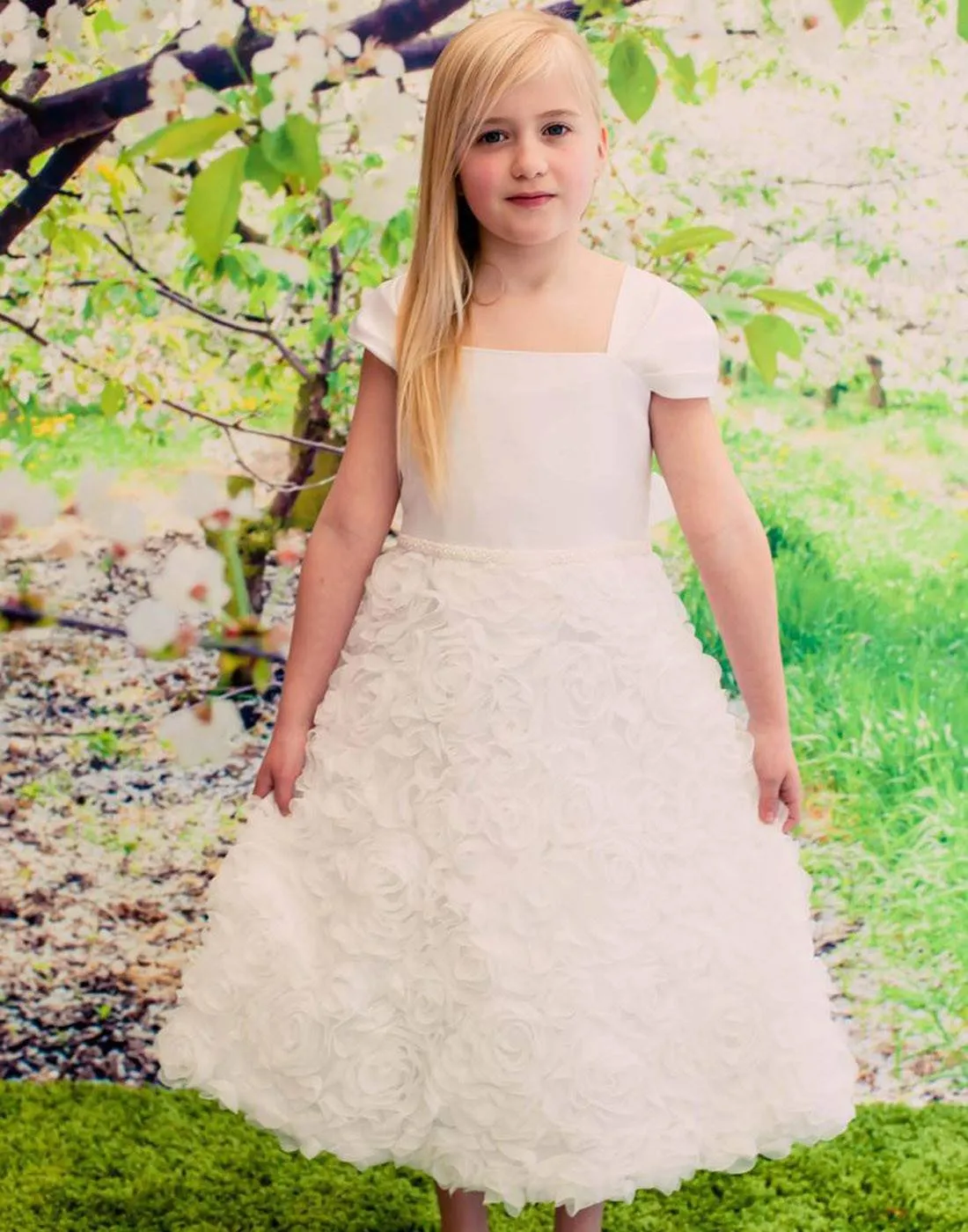 Satin Bodice and Ruffled Rosette Skirt with Beaded Belt - Ivory