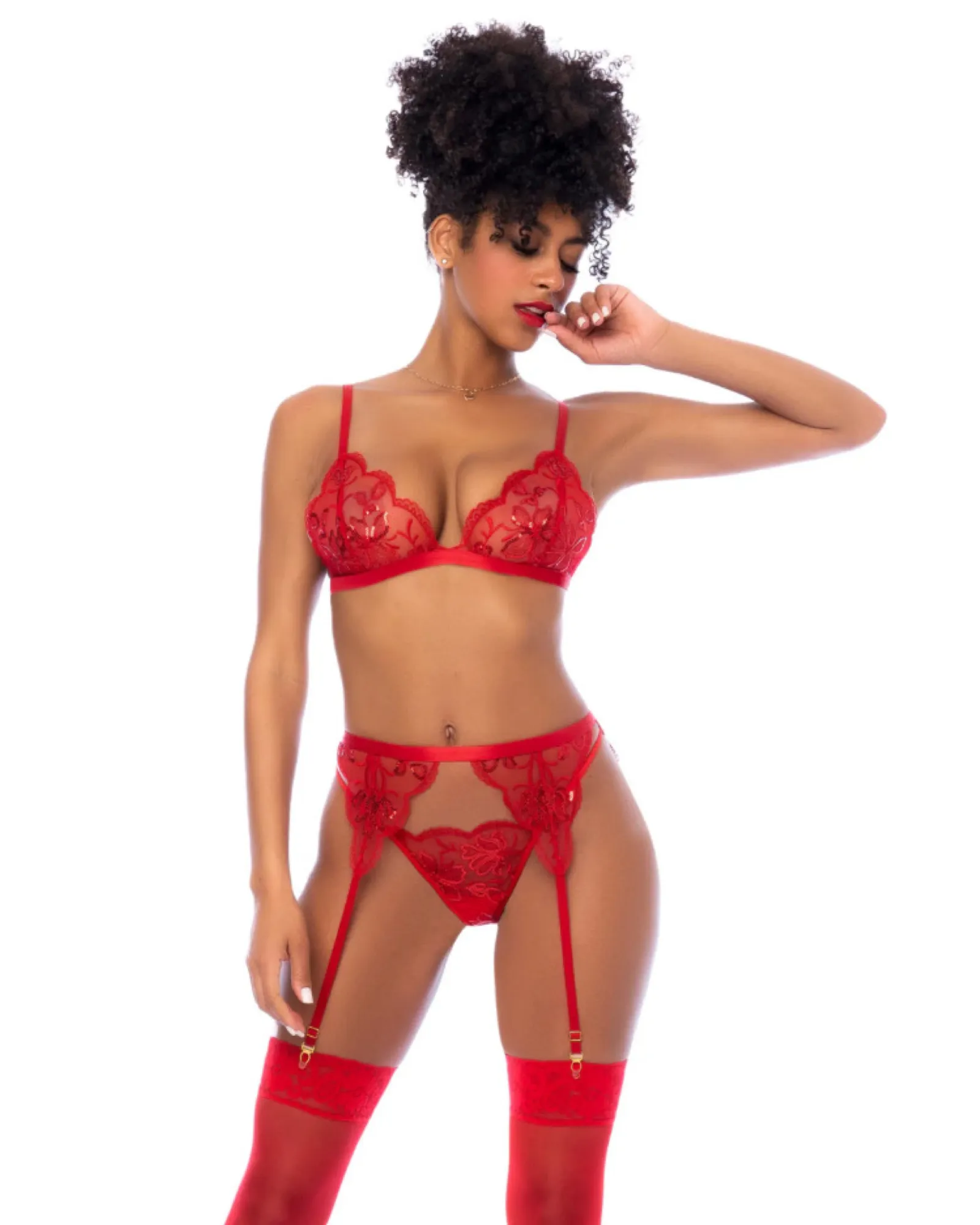 Sequin Embroidered Mesh Garter & Bra Set