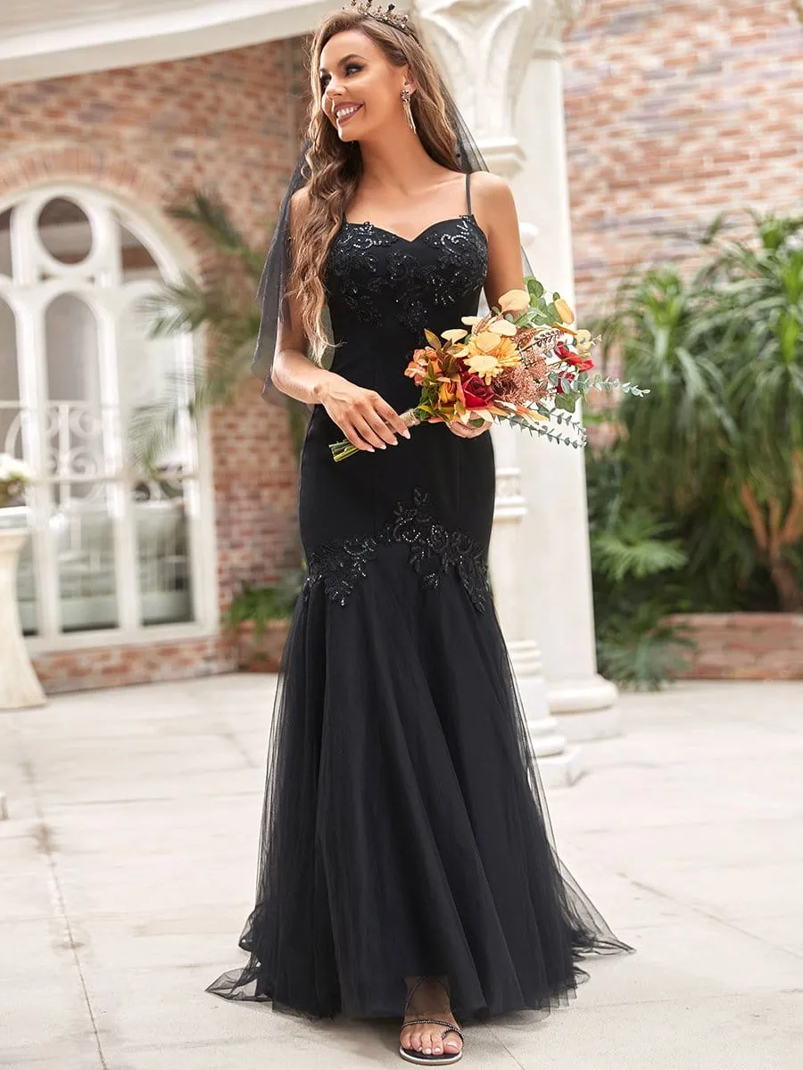 Spaghetti Strap Sequin Tulle Mermaid Black Wedding Dress